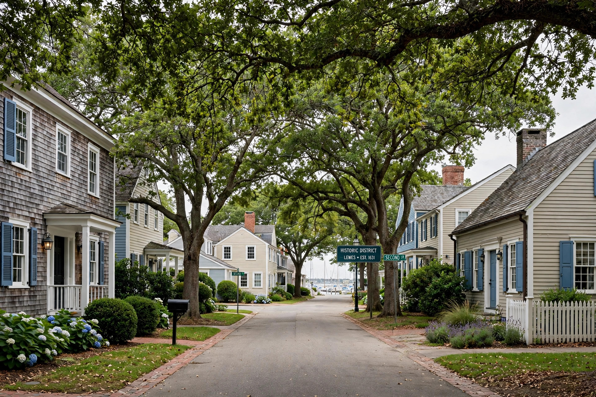 A quiet neighborhood street in Lewes, Delaware